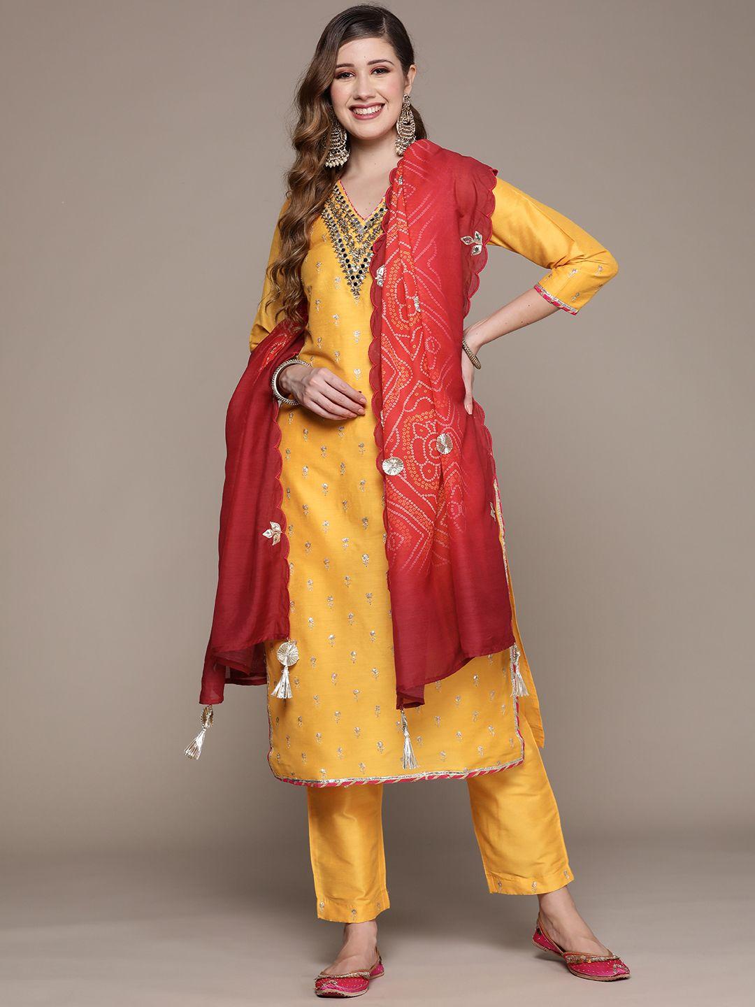 ishin women yellow ethnic motifs embroidered kurta with trousers & dupatta