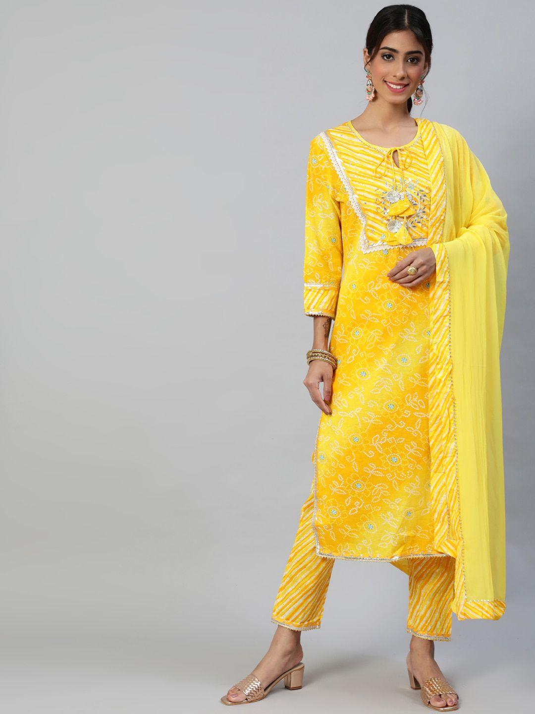 ishin women yellow ethnic motifs printed panelled pure cotton kurta with trousers & with dupatta