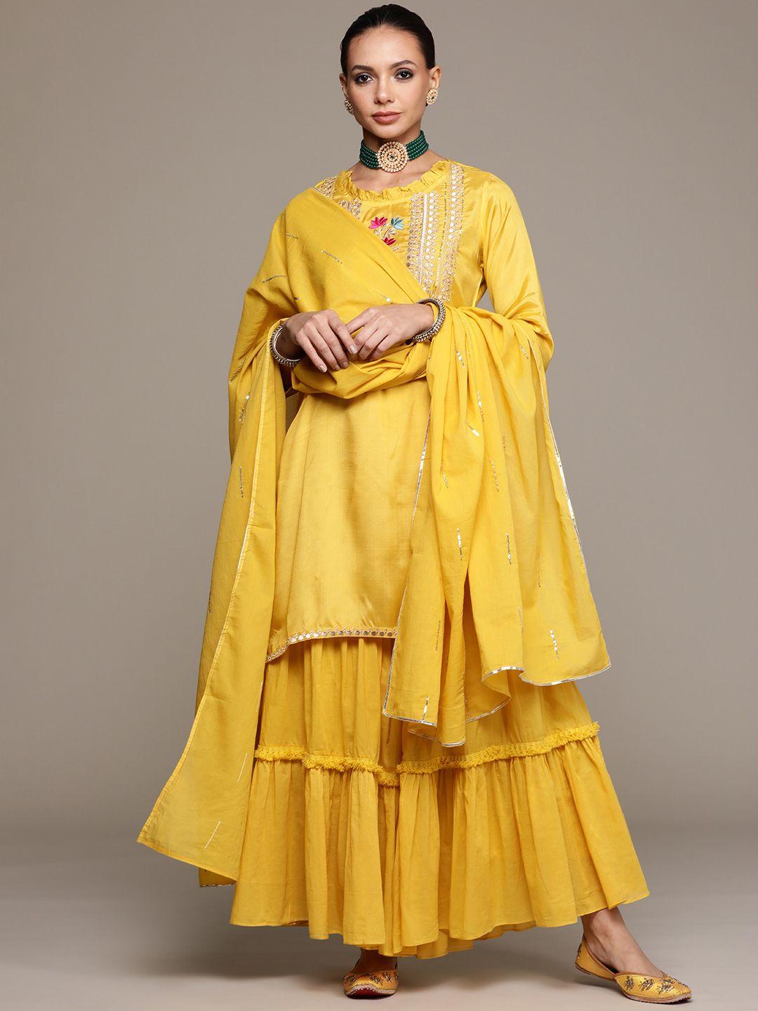 ishin women yellow floral embroidered kurta with sharara & with dupatta