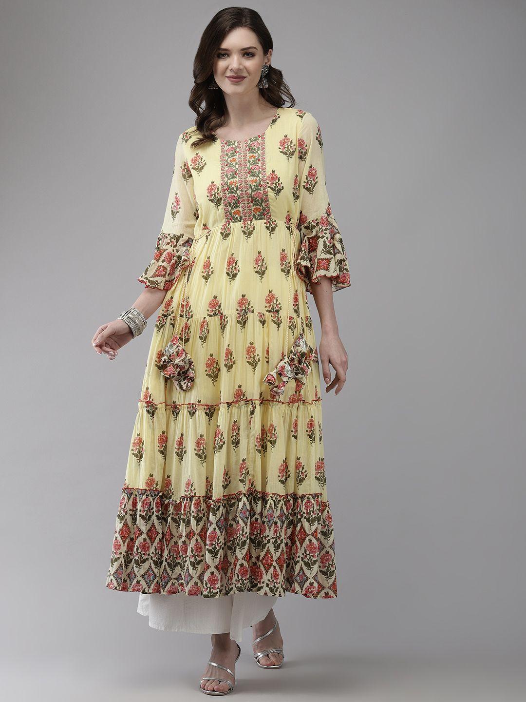 ishin women yellow floral embroidered thread work pastels anarkali kurta