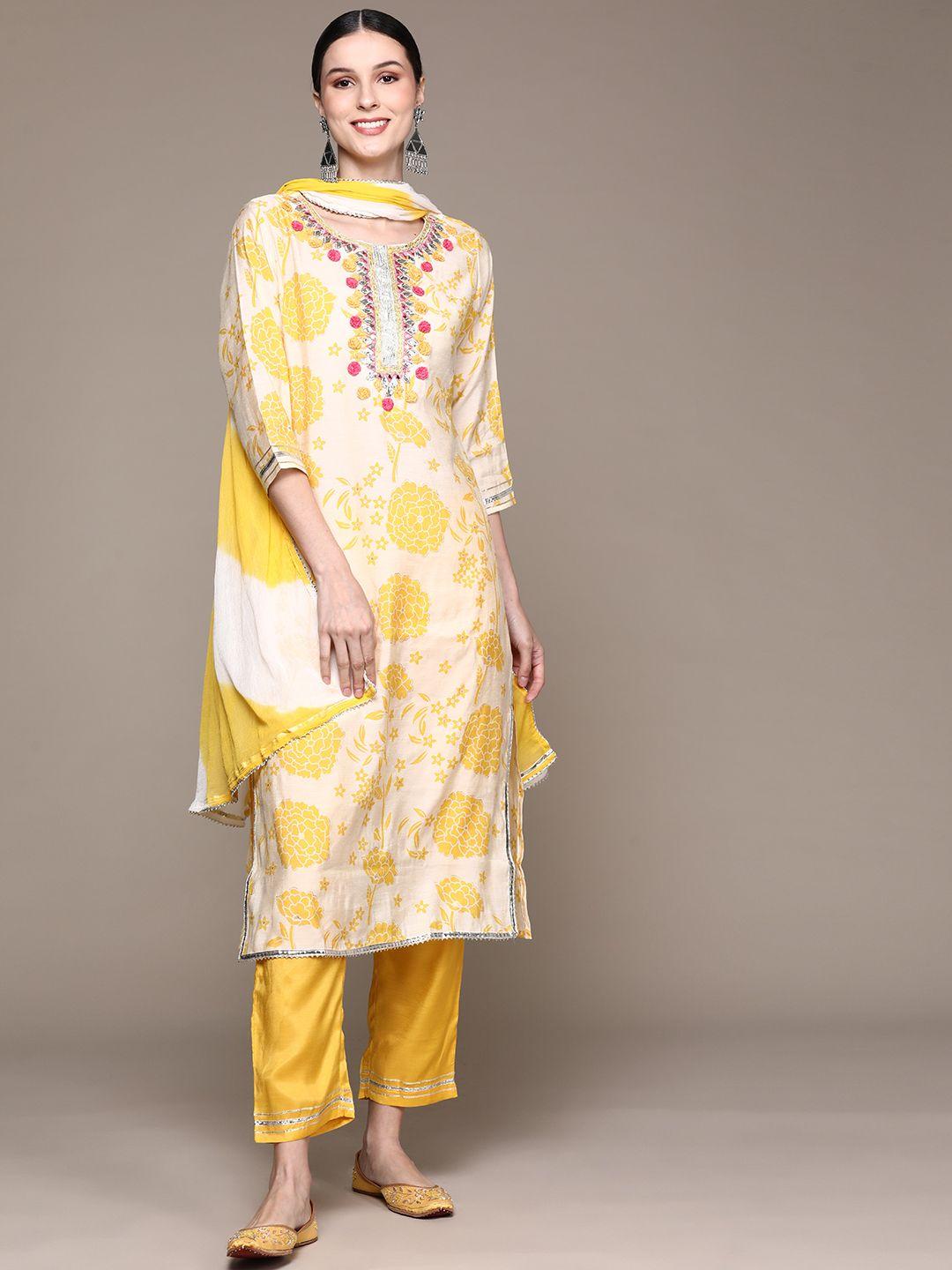 ishin women yellow floral yoke design gotta patti kurta with trousers & with dupatta