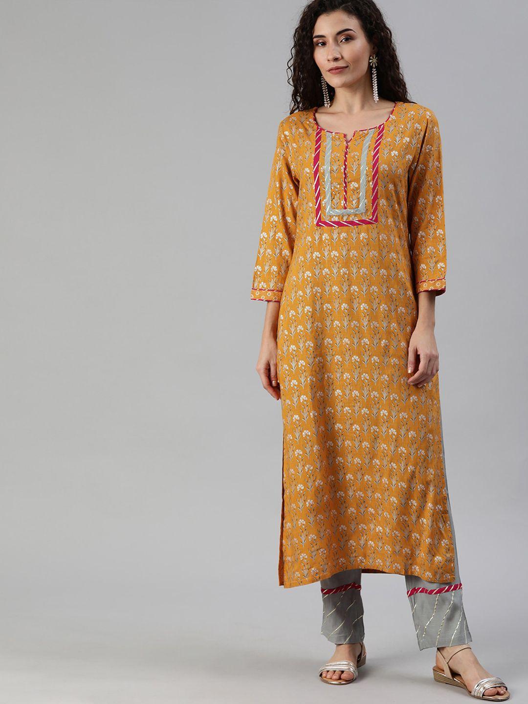 ishin women yellow printed kurta with trousers