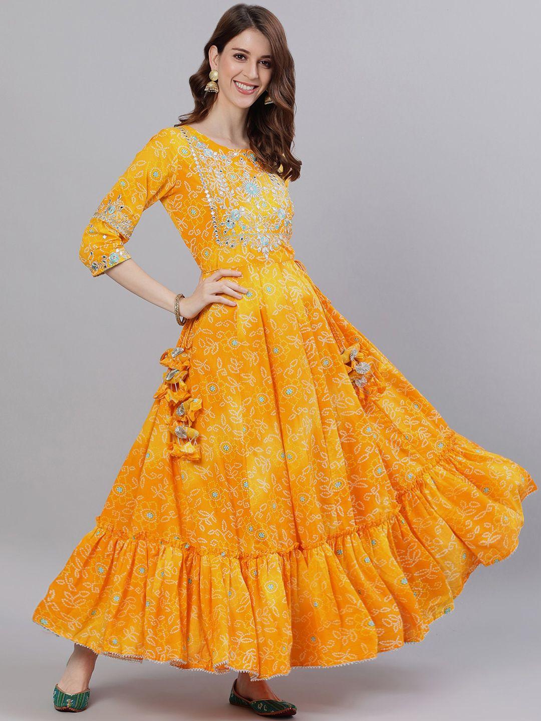 ishin women yellow printed yoke design embellished kurta