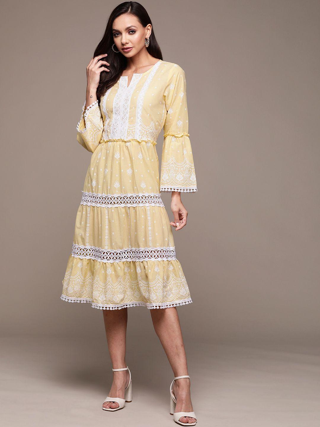 ishin yellow & white floral embroidered a-line dress