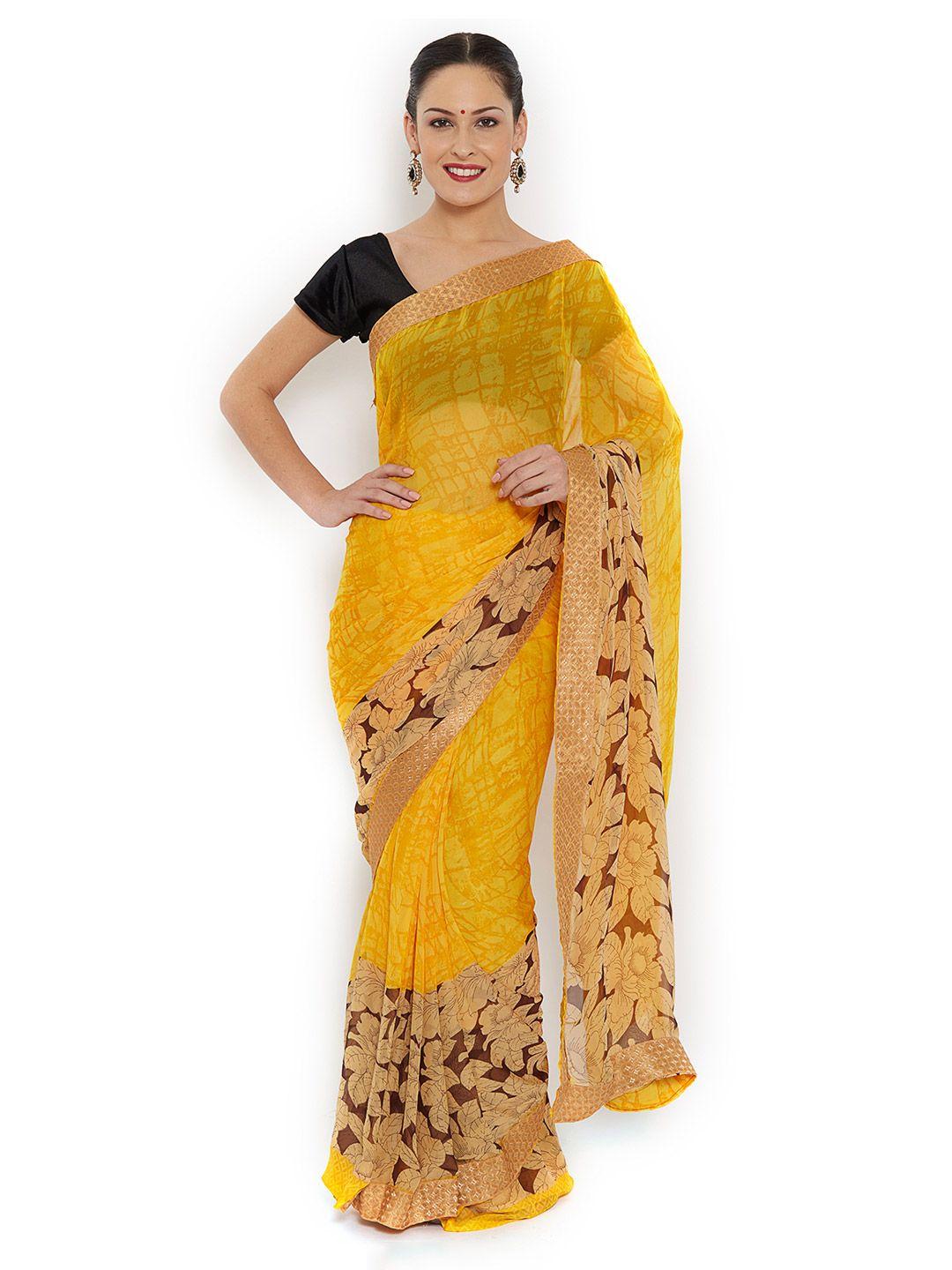 ishin yellow faux georgette printed saree