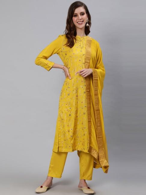 ishin yellow printed kurta pant set with dupatta