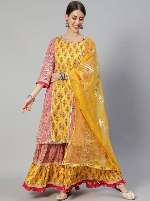 ishin yellow pure cotton embroidered kurta sharara set with dupatta