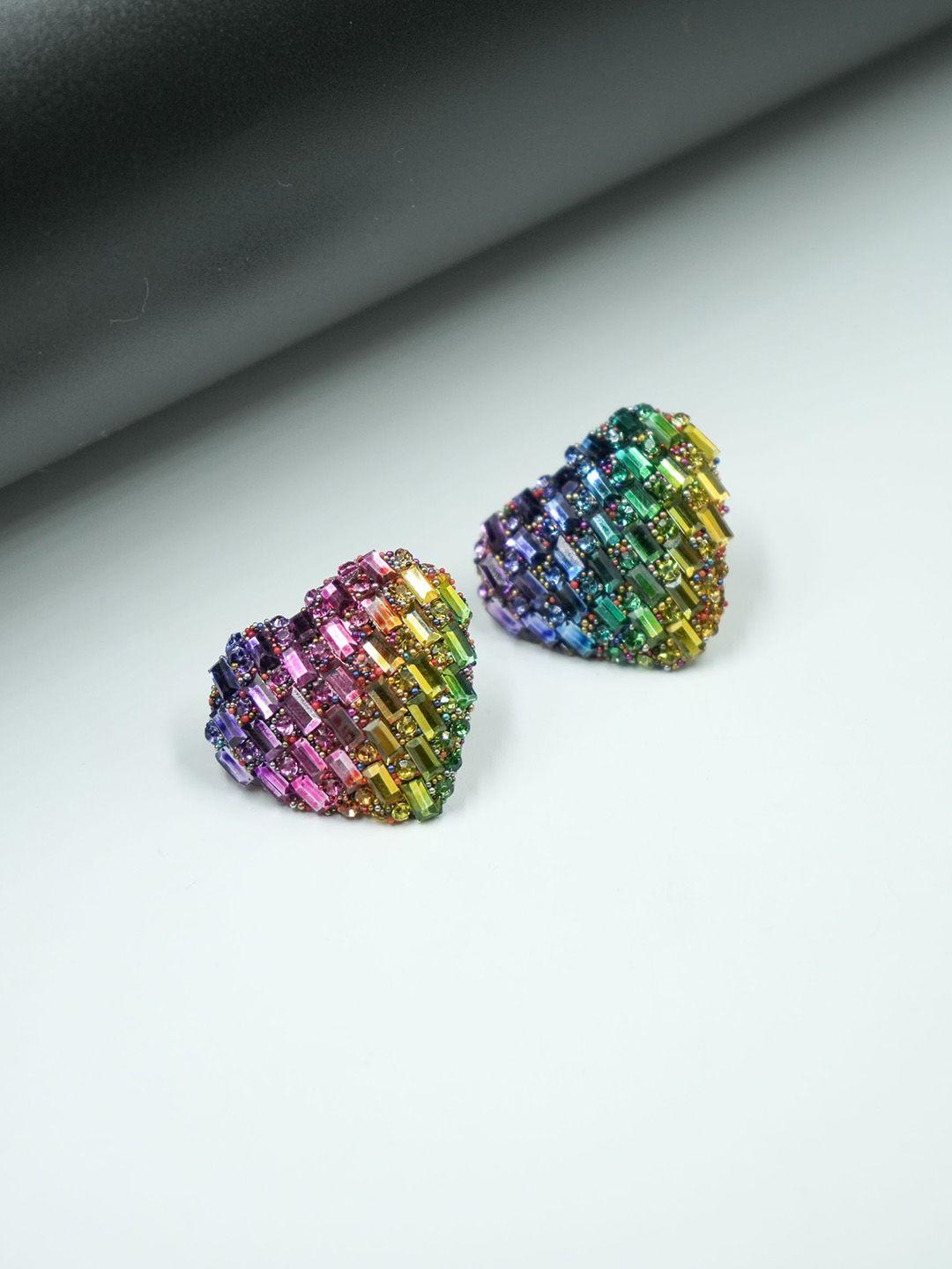 ishkaara rhodium-plated rhinestone studded heart shaped studs