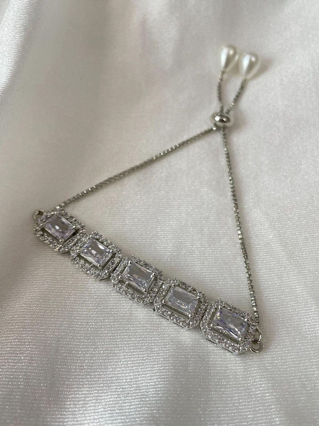 ishkaara rhodium-plated american diamond & crystal-studded adjustable wraparound bracelet