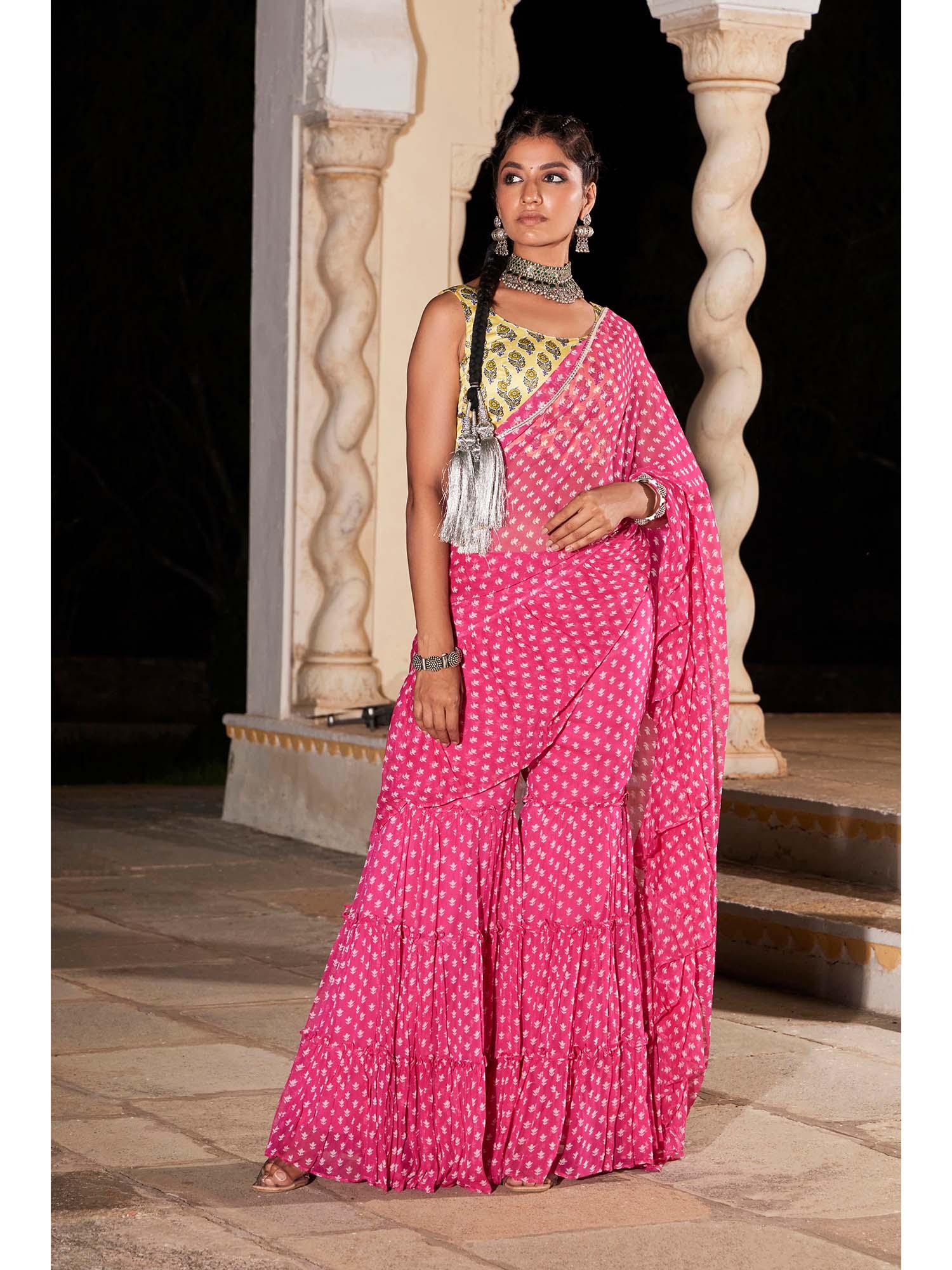 issh pink-sharara fusion saree with stitched blouse