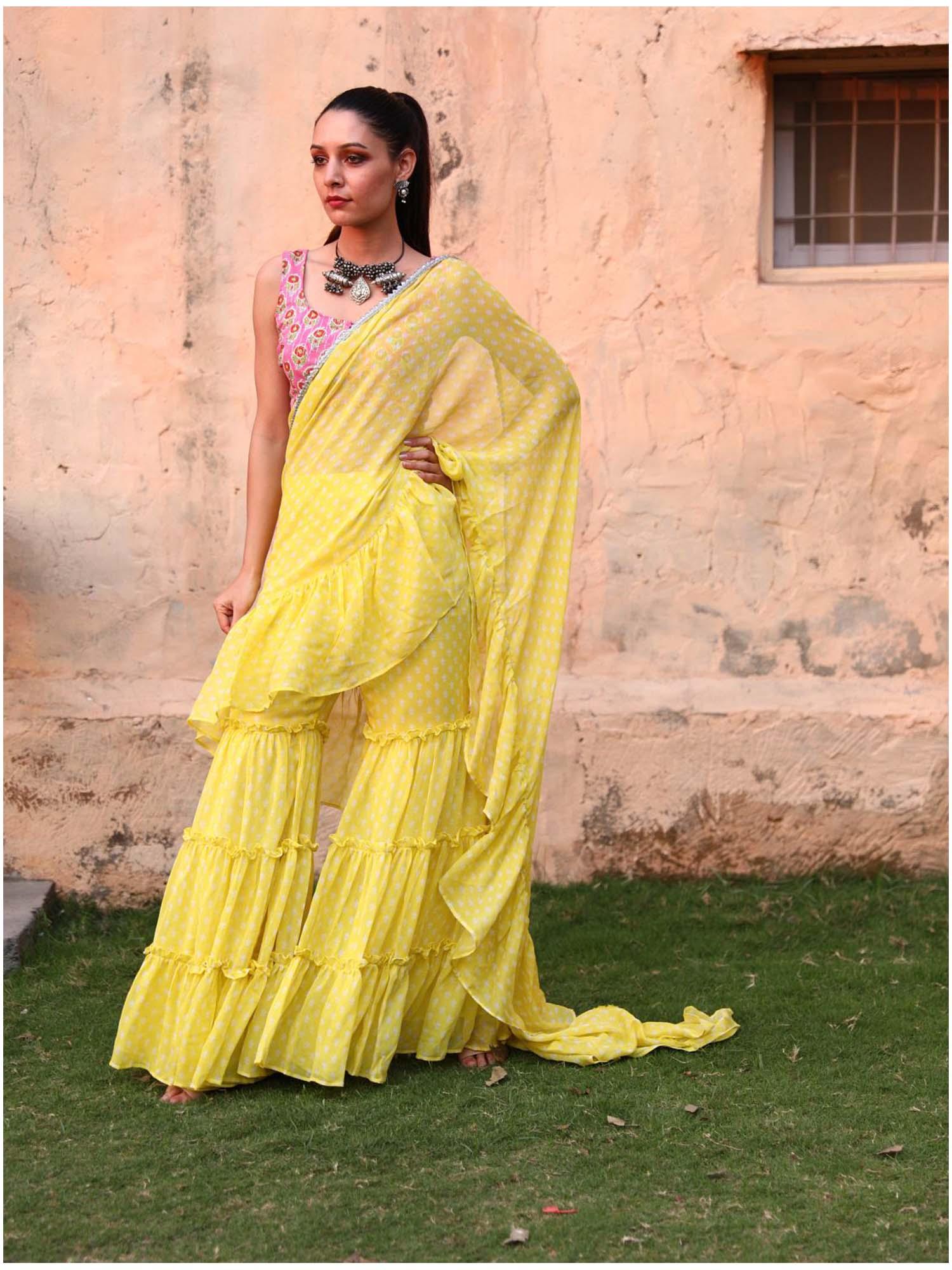 issh yellow-sharara fusion saree with stitched blouse