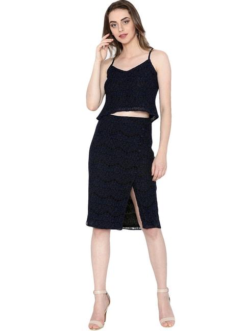 isu black lace pattern top skirt set