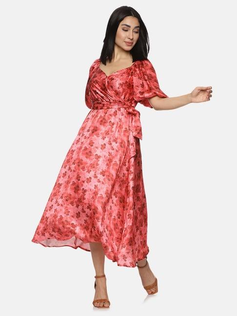 isu red floral print wrap dress