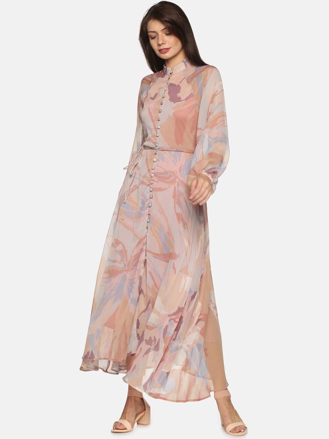 isu beige & peach-coloured floral printed chiffon maxi dress