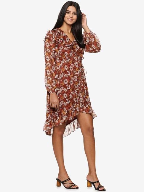 isu brown floral print assymetric dress