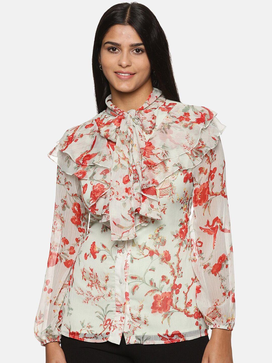 isu floral print tie-up neck ruffles shirt style top