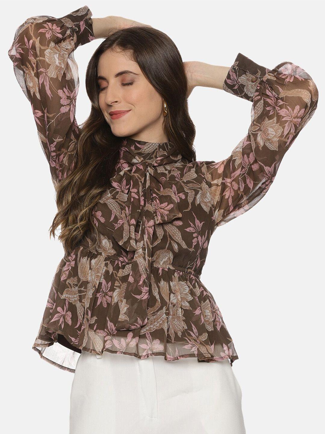 isu floral printed cuffed sleeves peplum top