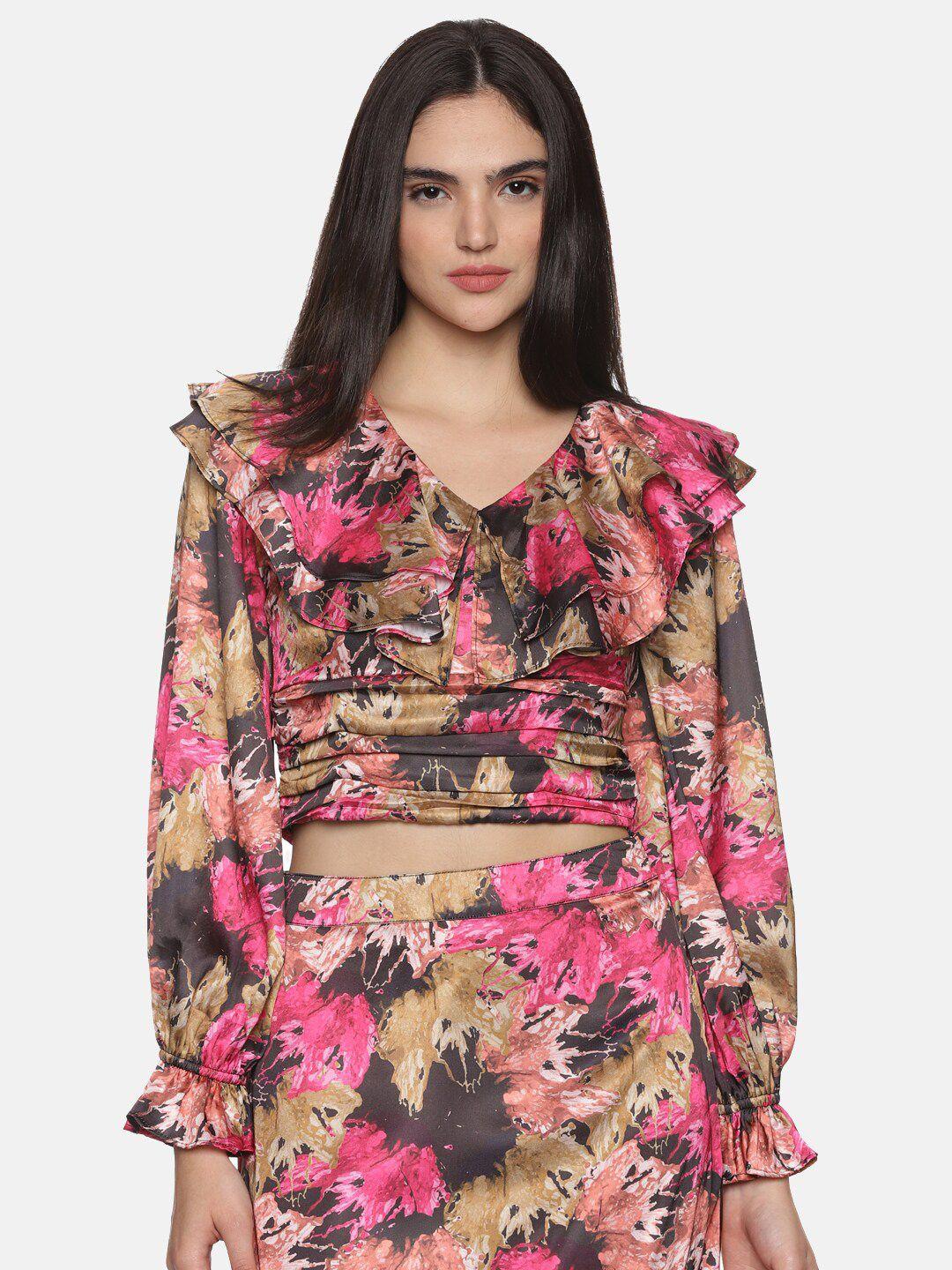 isu floral printed cuffed sleeves v-neck ruffled satin crop top