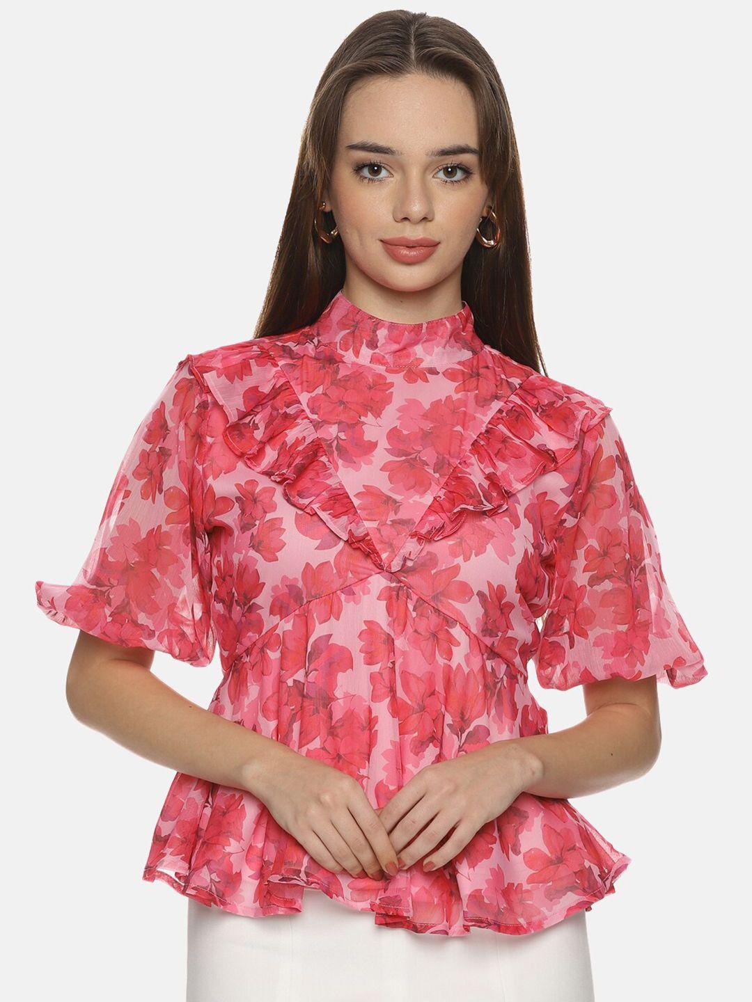 isu floral printed high neck chiffon top