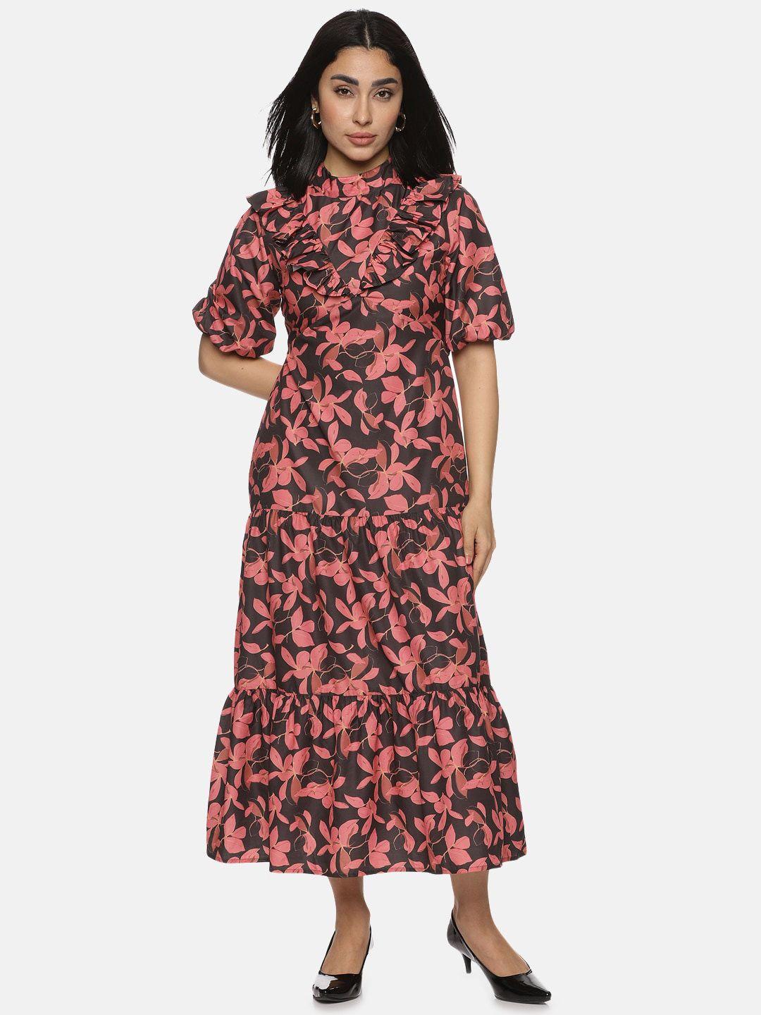 isu floral printed high neck puff sleeves maxi dress