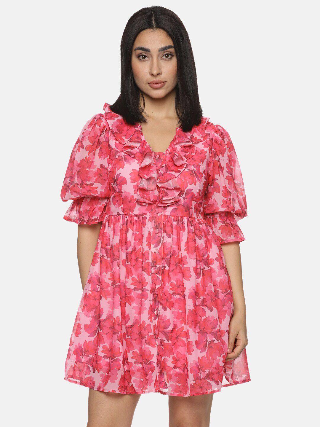 isu floral printed puff sleeves georgette fit & flare dress