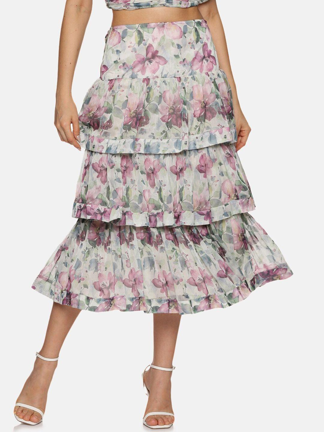 isu floral printed tiered midi skirt