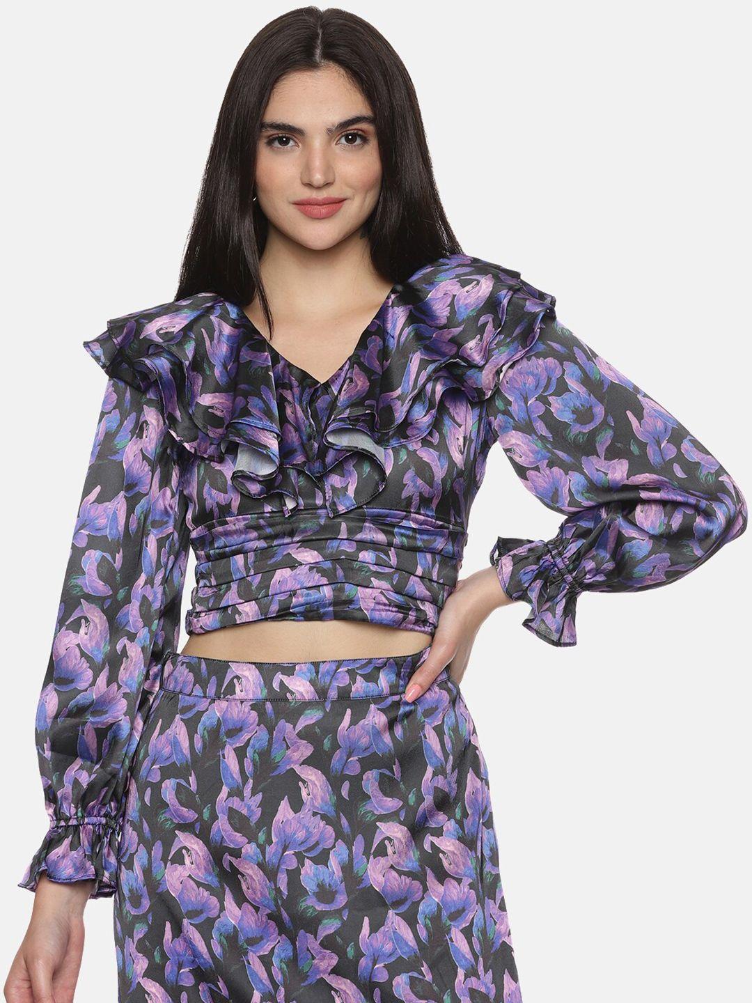 isu floral printed v-neck cuffed sleeve satin crop top