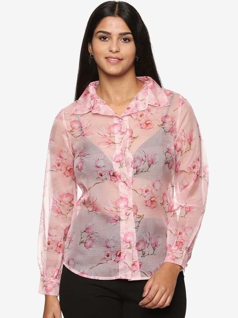 isu pink floral print shirt collar top