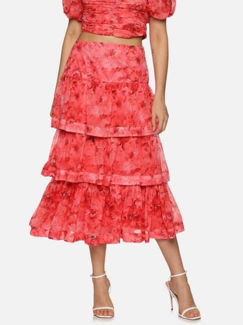 isu pink printed tiered skirt