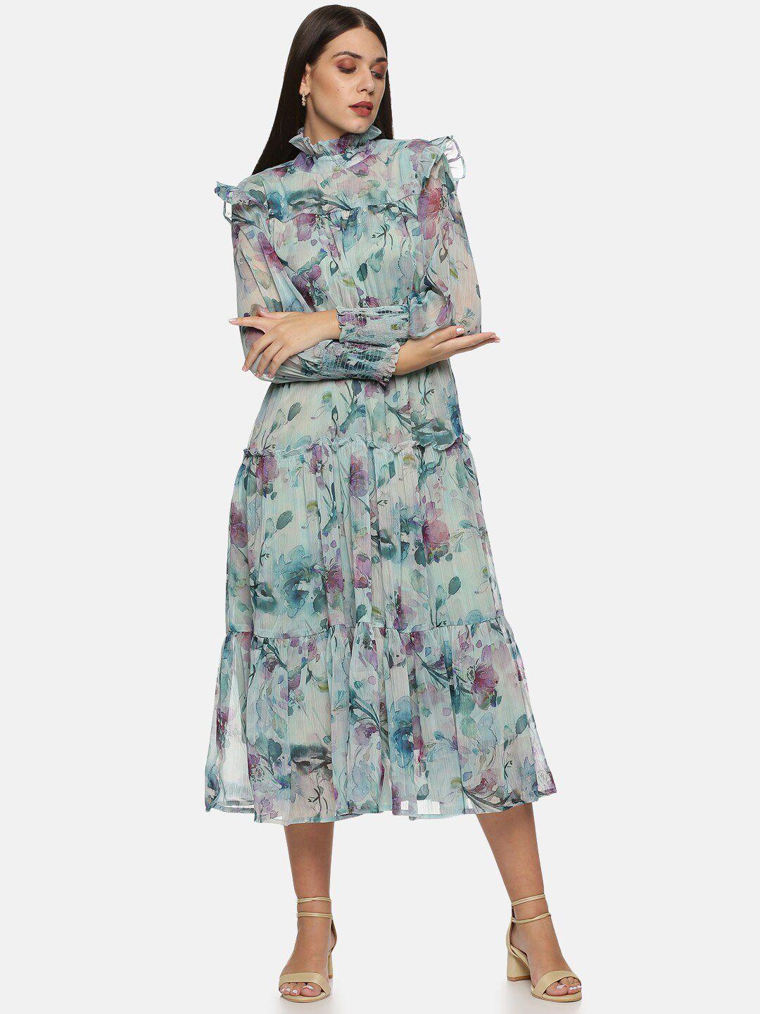 isu printed floral chiffon midi dress