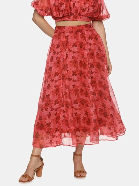 isu red floral print a line maxi skirt