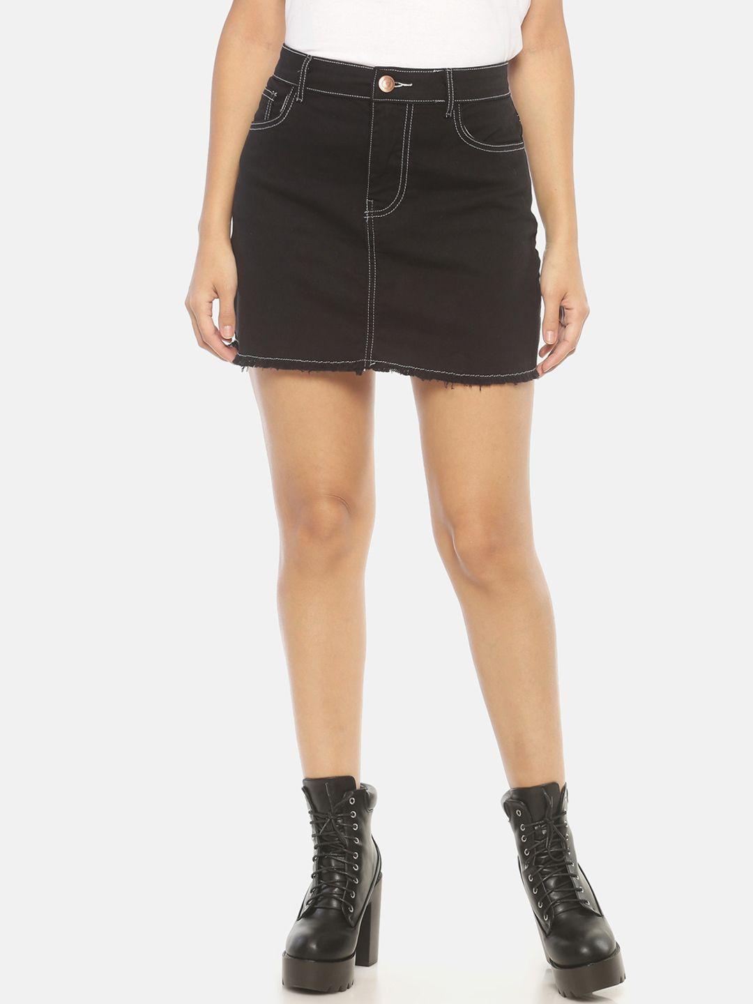 isu women black solid pencil denim mini skirt