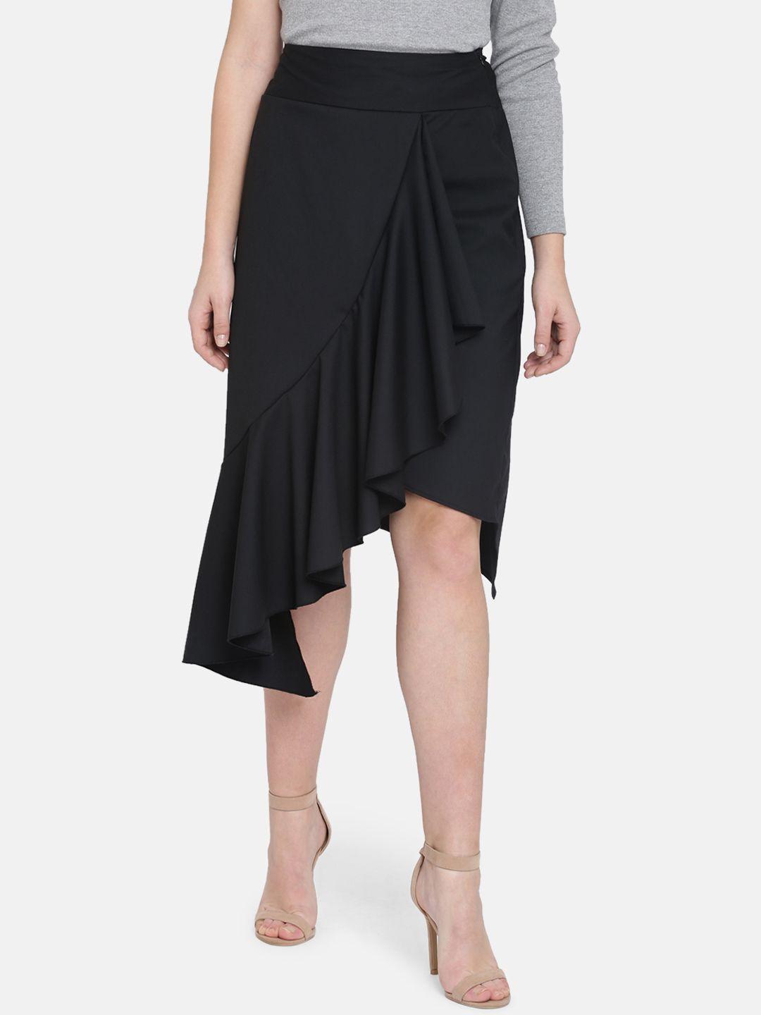 isu women black solid tulip knee-length skirt