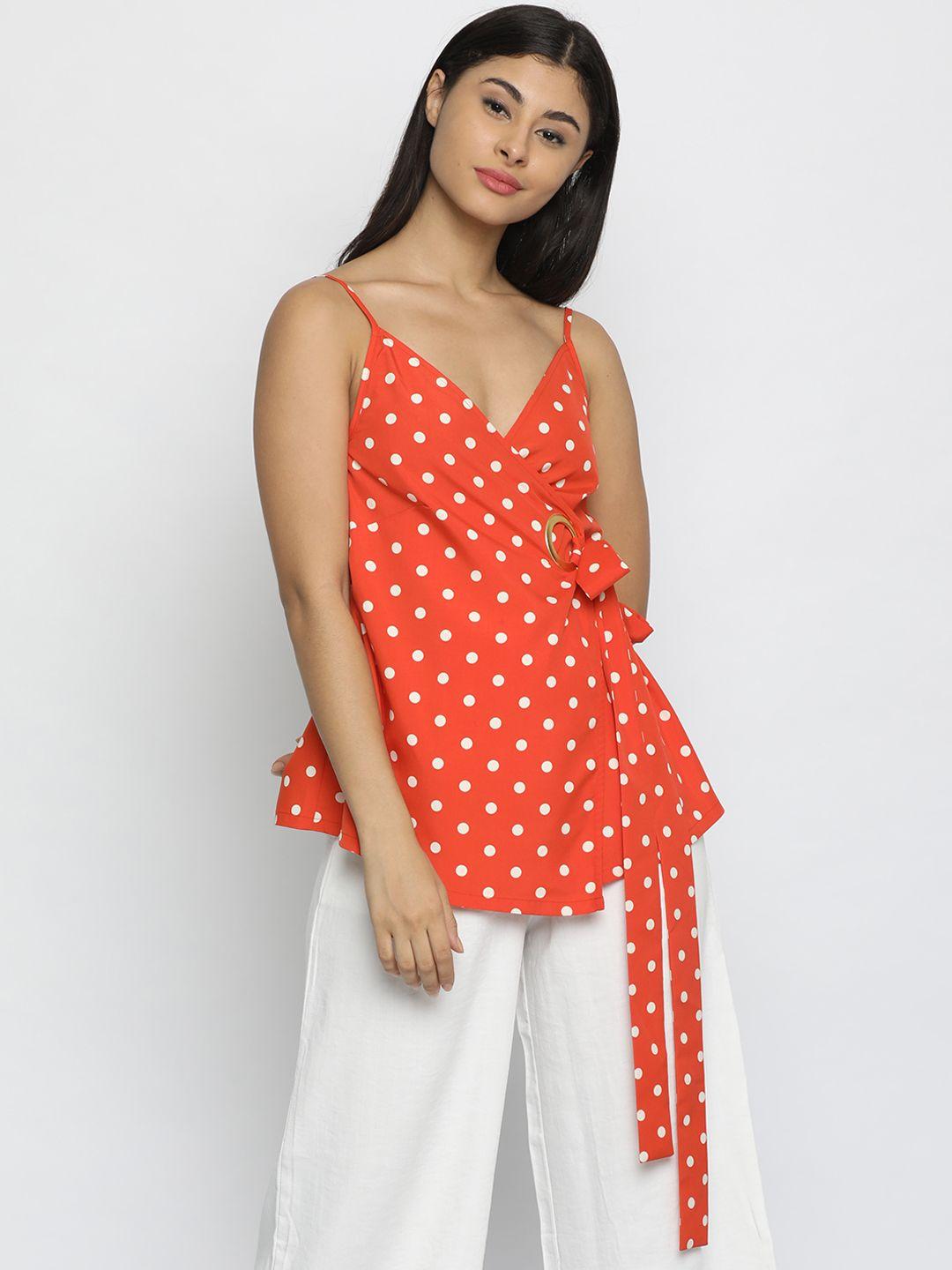 isu women orange & white polka dot printed wrap top