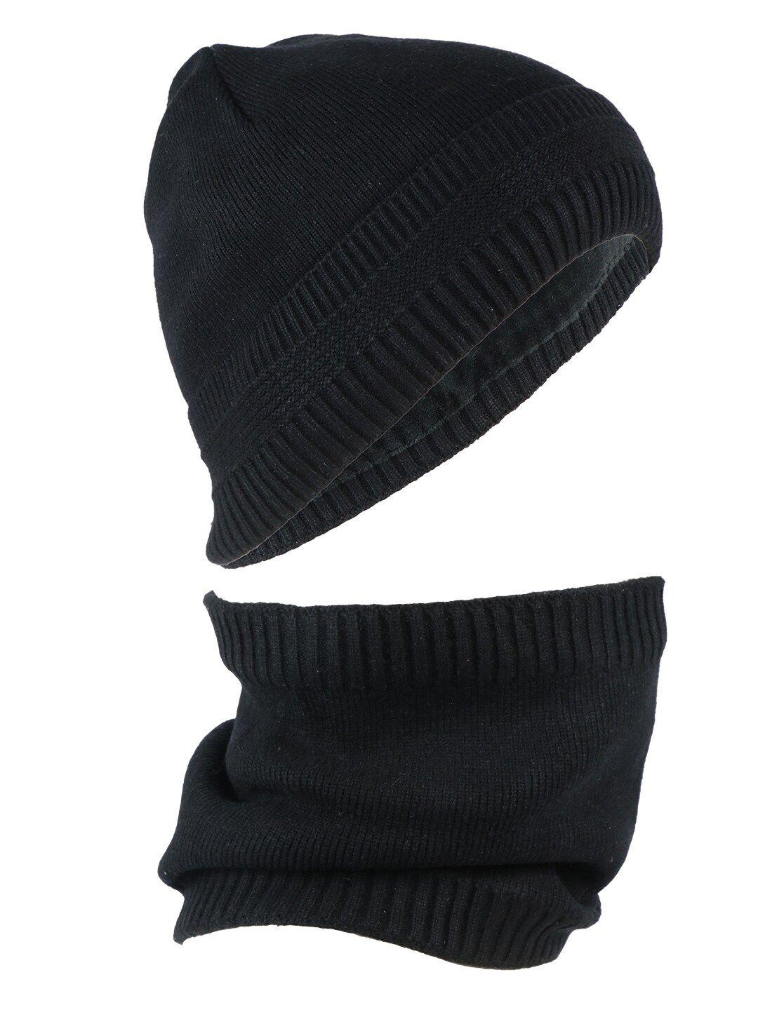 isweven black woolen beanie with neck warmer scarf