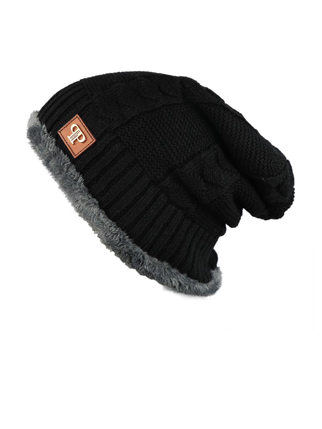 isweven unisex black self-design woven expandable beanie