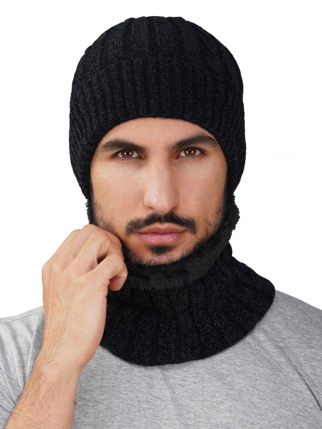 isweven unisex self design woolen beanie cap with neck warmer