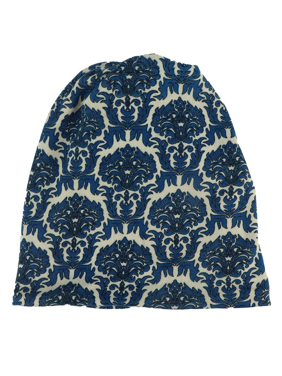 isweven unisex cream & blue printed beanie cap