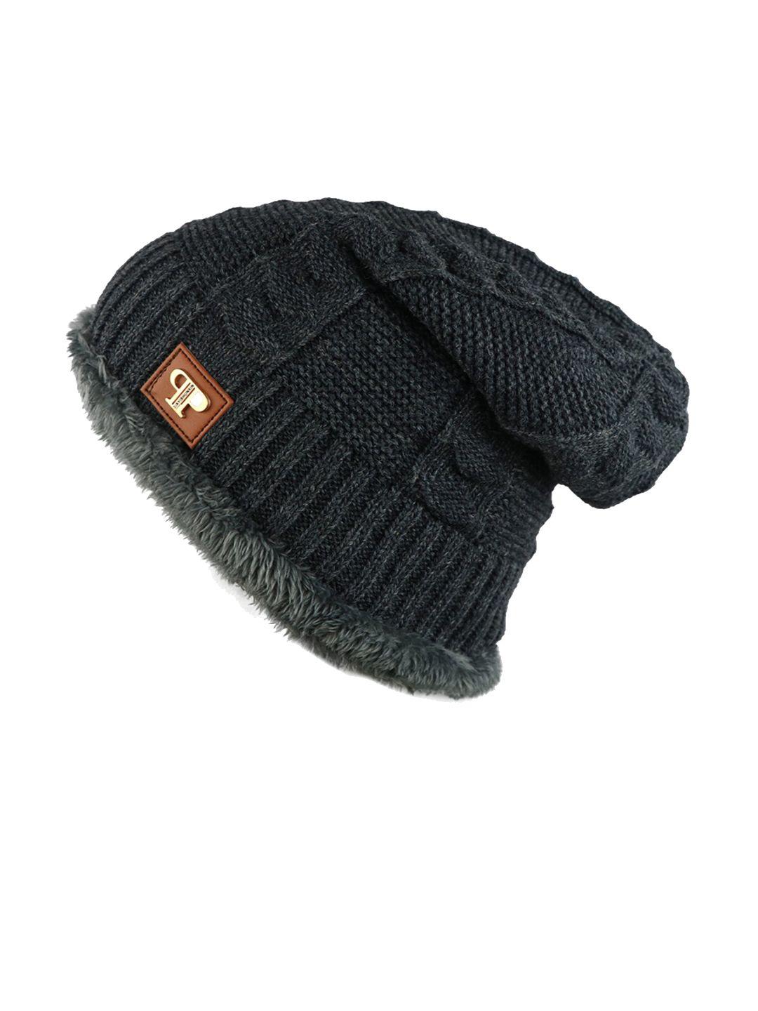 isweven unisex grey self-design woven expandable beanie