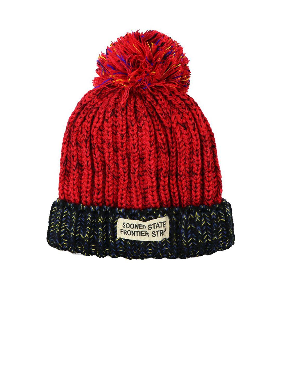 isweven unisex red & blue woollen beanie cap