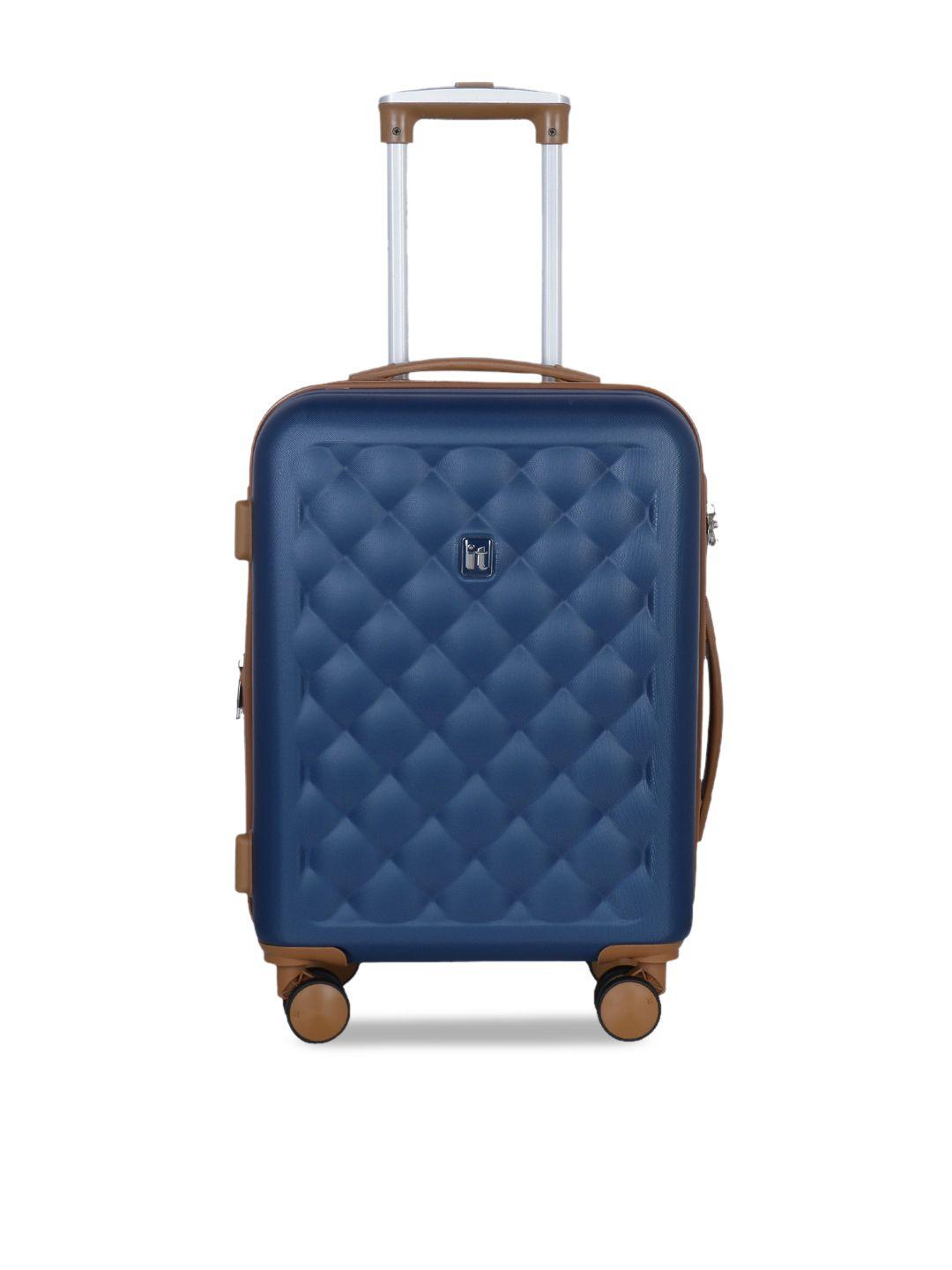 it luggage navy blue textured hard-sided 360-degree rotation cabin trolley bag