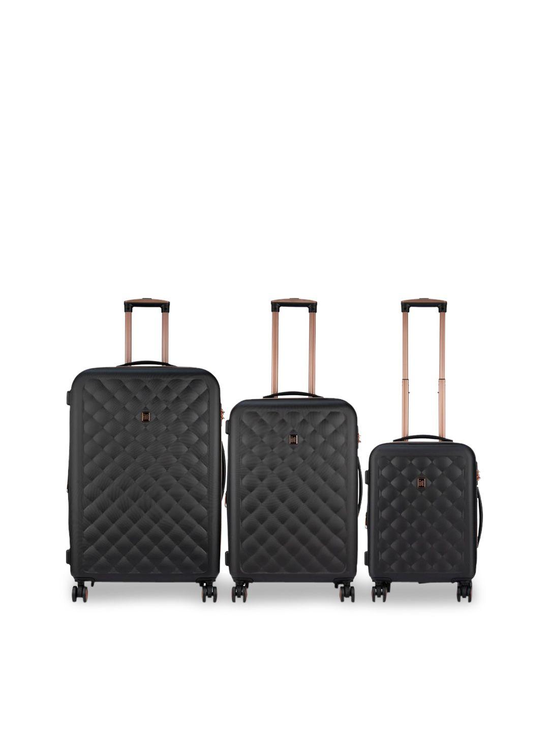 it luggage set of 3 black textured hard-sided trolley suitcases