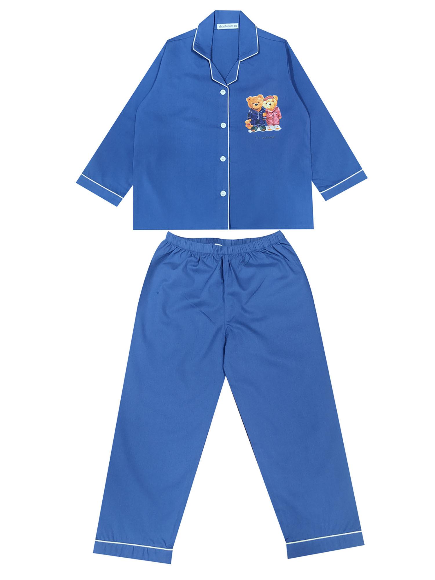 its bedtime teddy navy long sleeve kids night suit (set of 2)