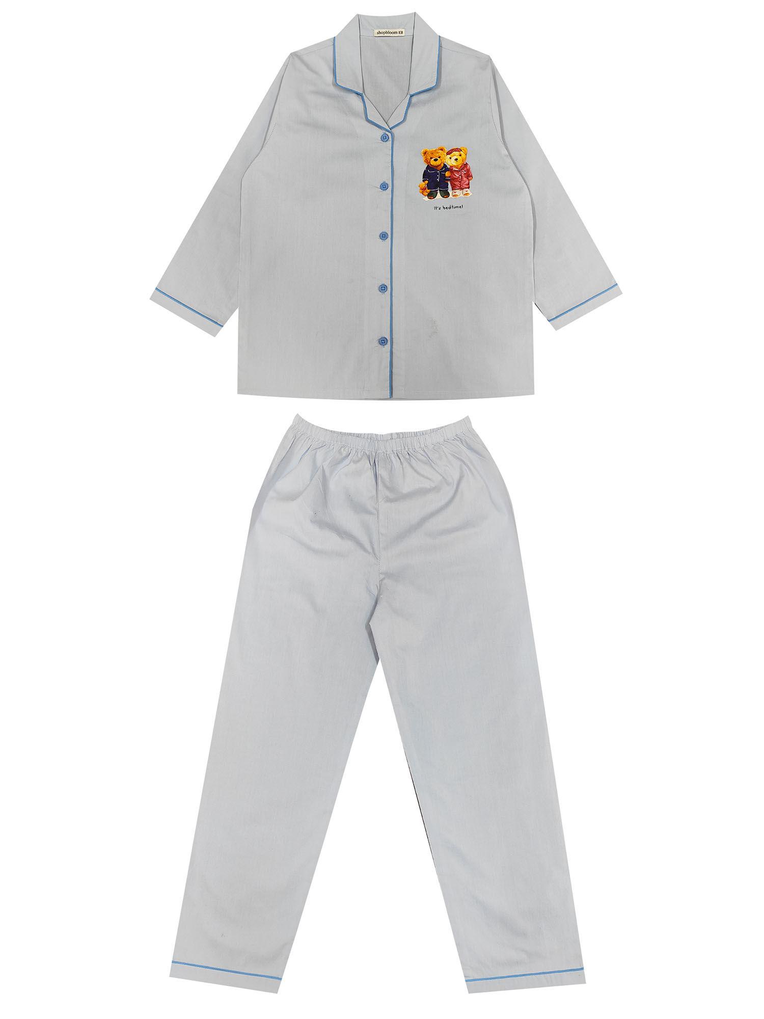 its bedtime teddy sky blue long sleeve kids night suit (set of 2)