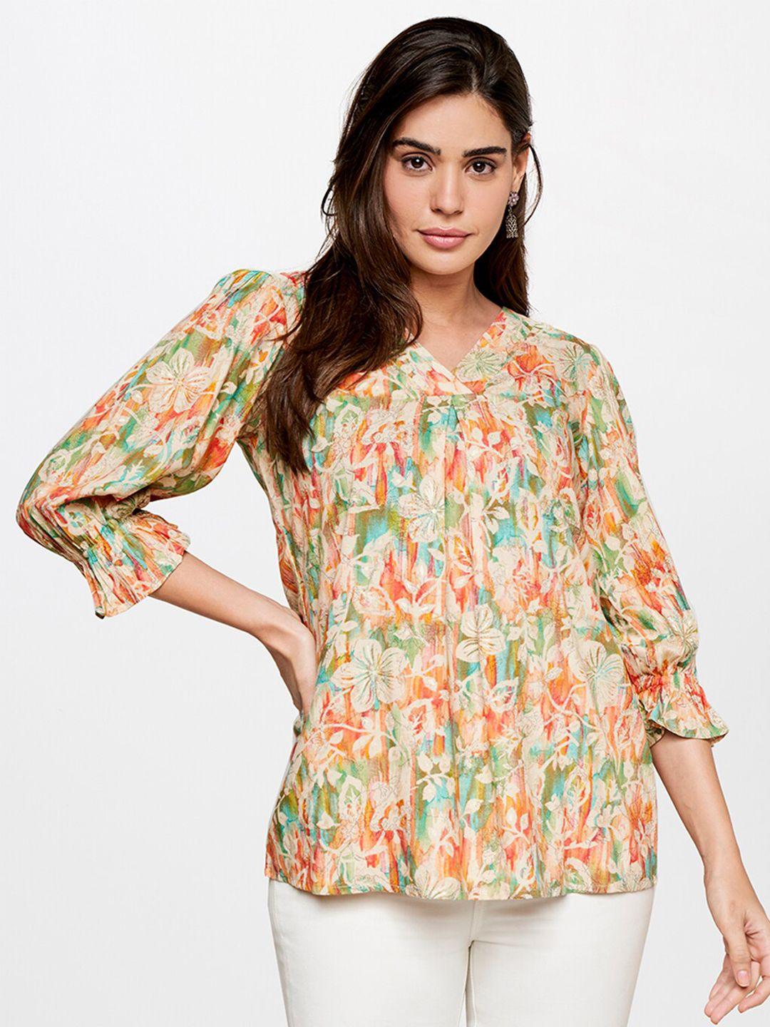 itse floral printed v-neck puff sleeves top