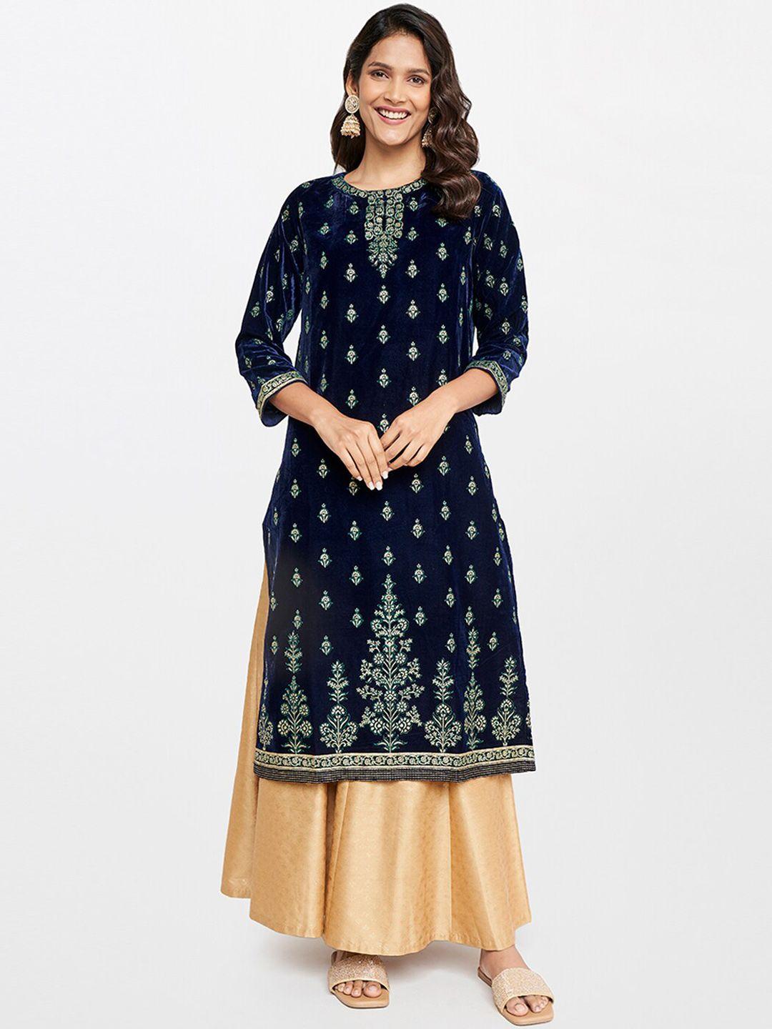 itse women navy blue ethnic motifs printed straight fit kurta