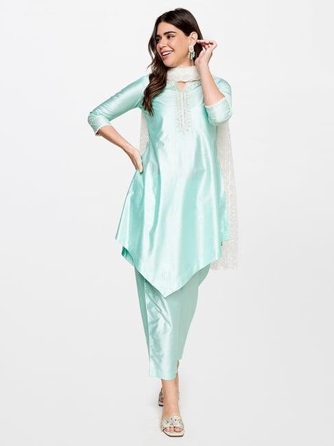 itse aqua embellished kurta with pants & dupatta