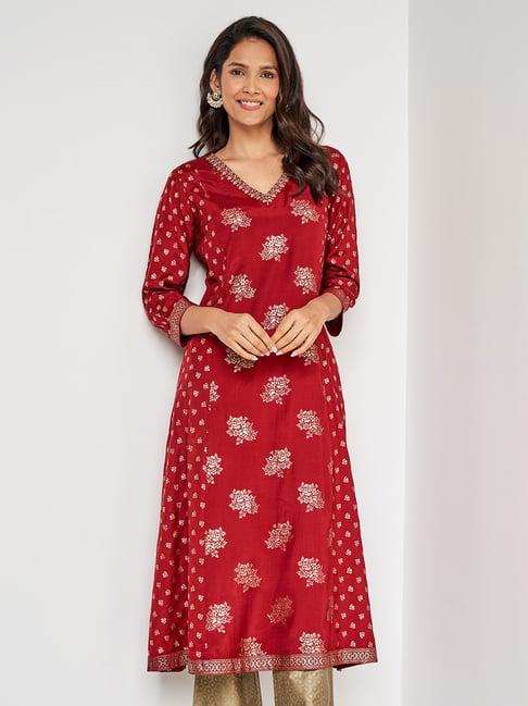 itse maroon printed fit & flare kurta