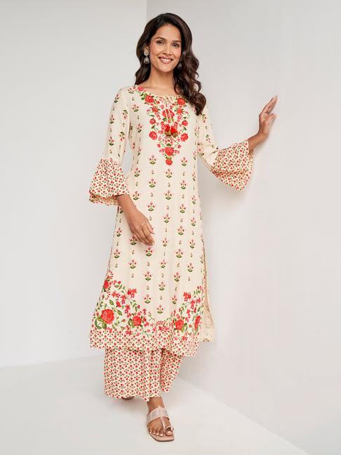 itse off white floral print a line kurta