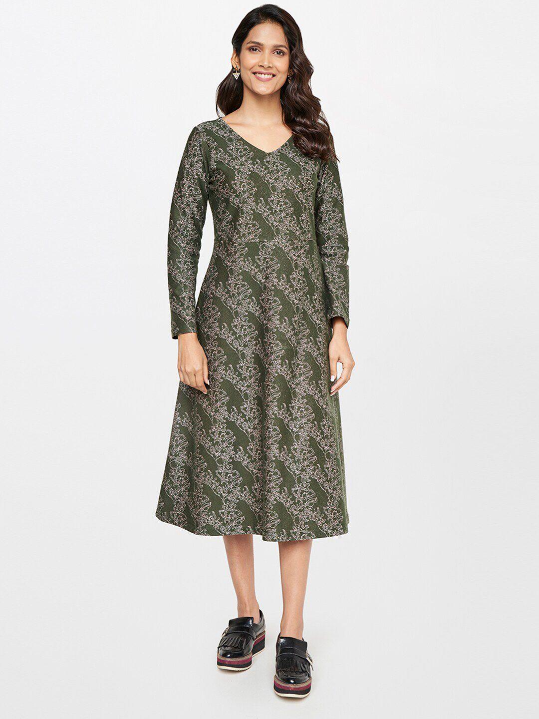 itse olive green & white ethnic motifs a-line midi dress